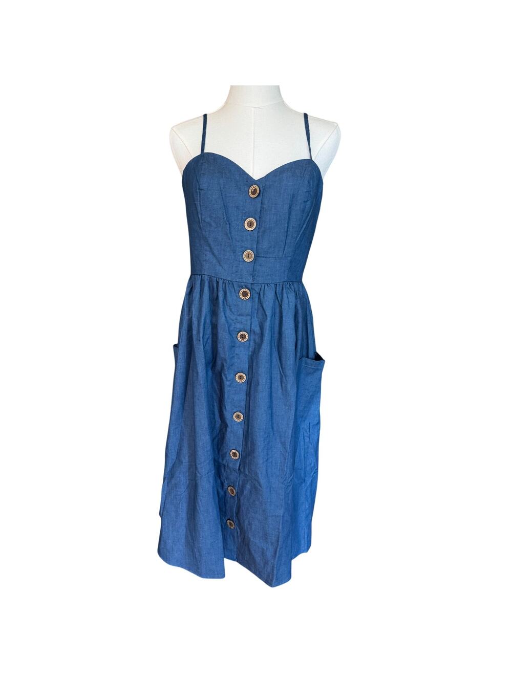 Davi & Dani M Chambray Button Smocked Midi Dress
